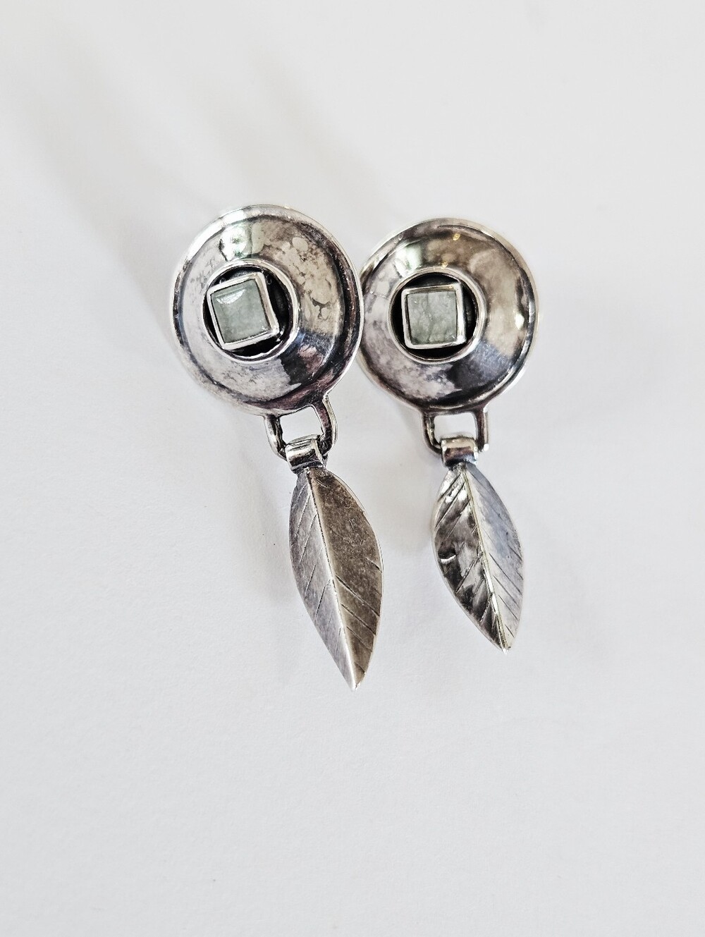 Vintage Sterling Silver Indian Concho Style Dangle Feather Moonstone Earrings